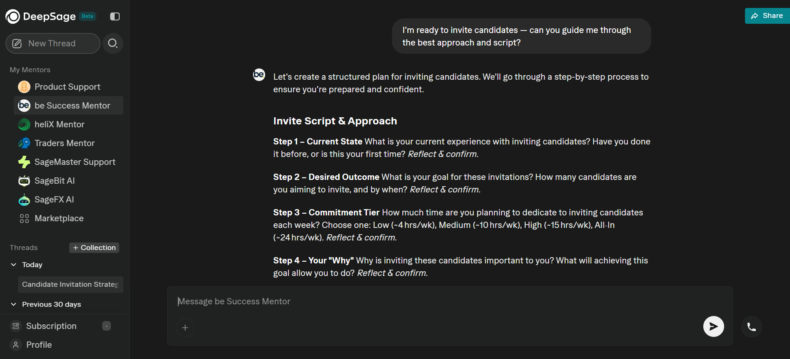 Screenshot of DeepSage AI Mentor guiding a user through a step-by-step candidate invitation strategy