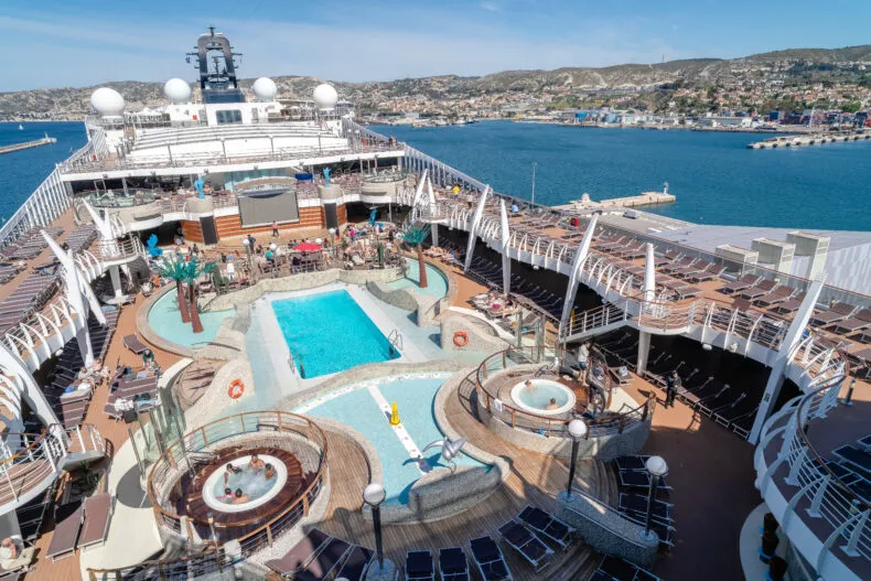 Overhead view of the C1 cruise ship docked in Marseille