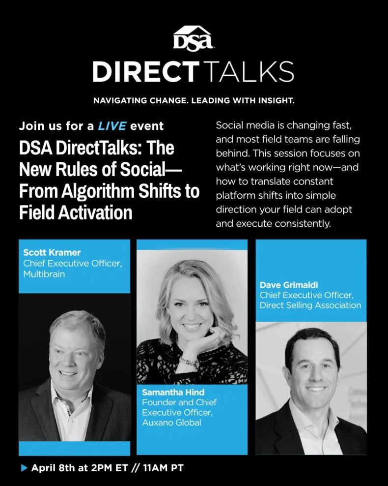 DSA DirectTalks live event featuring Scott Kramer of Multibrain, Samantha Hind of Auxano Global, and DSA CEO Dave Grimaldi discussing new social media rules and field activation