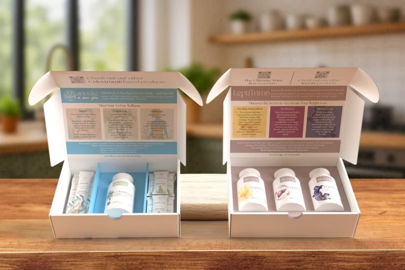 Anovite Ultimate Health Box and Ultimate Trim Box open kits showing colostrum and metabolic wellness products