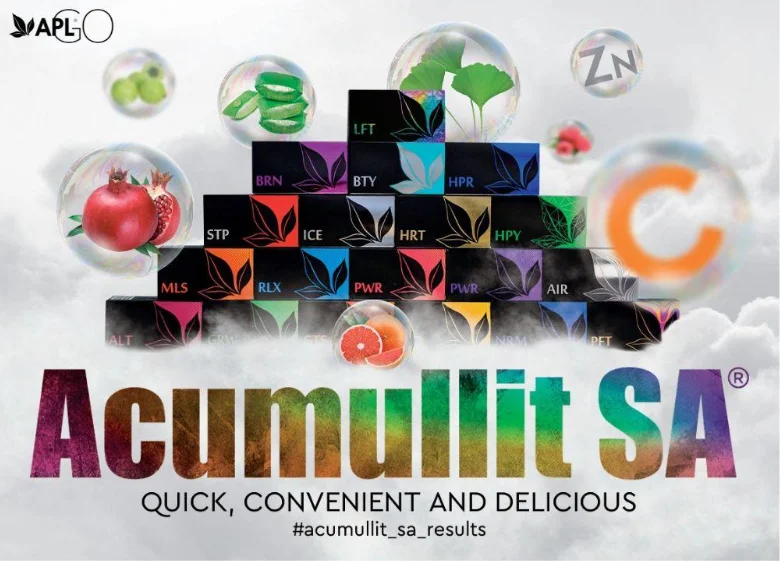 APLGO Acumullit SA lozenge product display featuring various colorful boxes and botanical imagery under the tagline “Quick, Convenient and Delicious.”