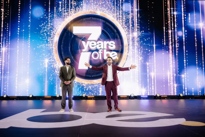 BE Club founders and executives on stage celebrating the company’s 7-year anniversary at the European Convention