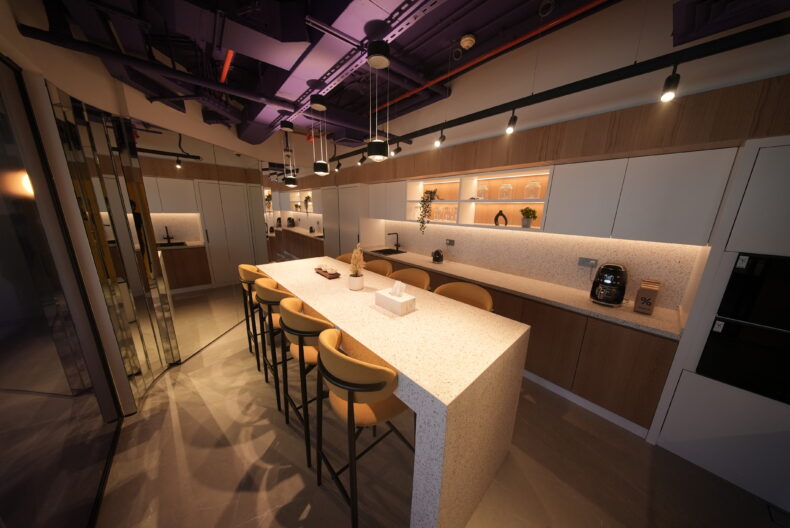 Communal kitchen and pantry area inside BE global headquarters in Dubai