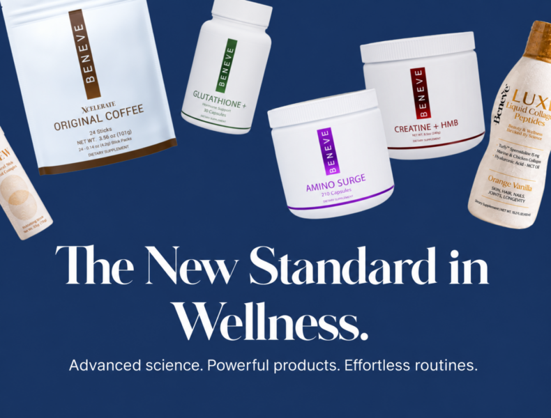 Beneve wellness products including Glutathione+, Amino Surge, Creatine + HMB and Luxe Liquid Collagen Peptides