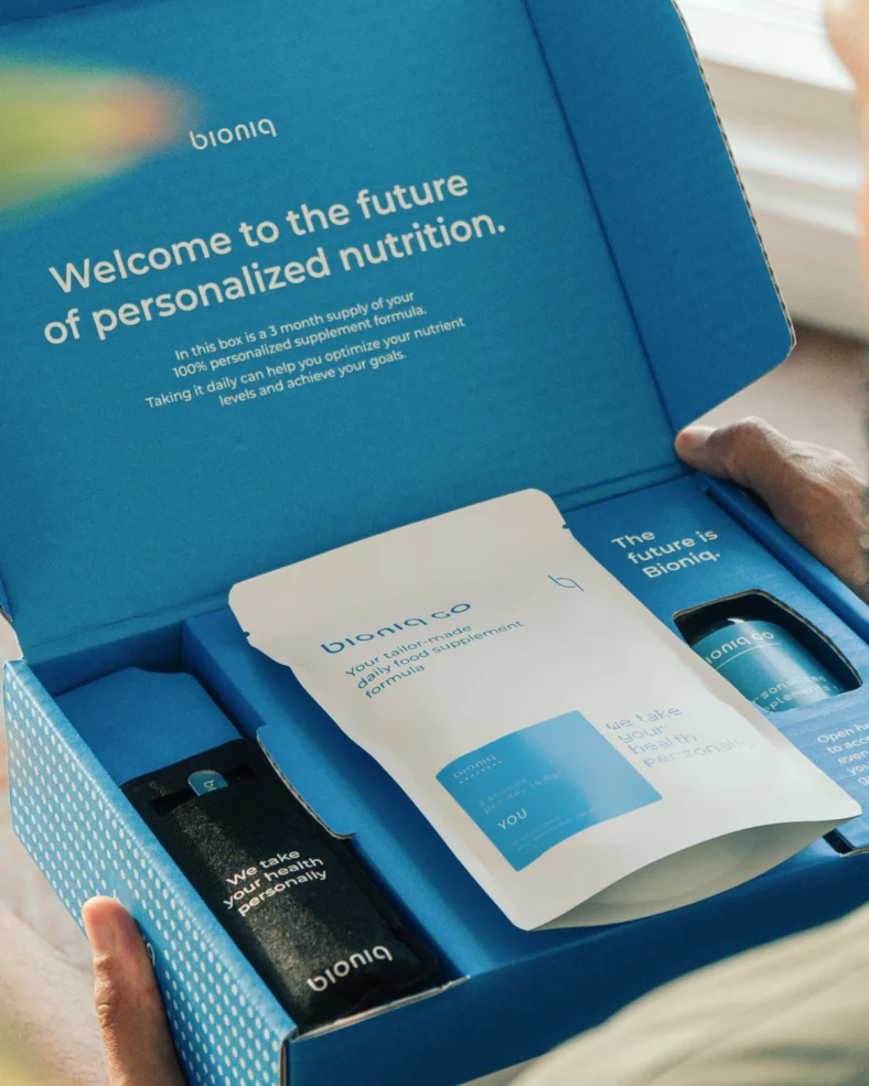 Bioniq personalized nutrition supplement kit and packaging
