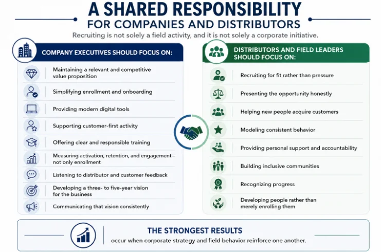 Direct selling recruiting framework showing the shared responsibility of companies and distributors