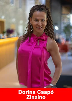 Dorina Csapó, Zinzino Crown Leader and former fitness champion, smiling in a bright pink top