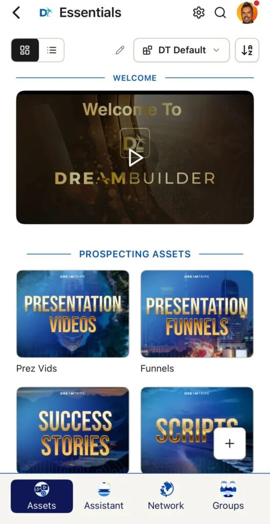 DreamBuilder app dashboard showing presentation funnels and prospecting assets
