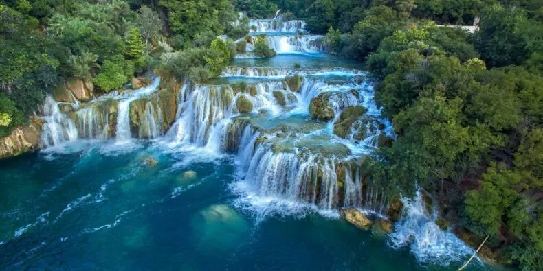 Aerial view of cascading waterfalls and turquoise water at KRKA National Park in Croatia