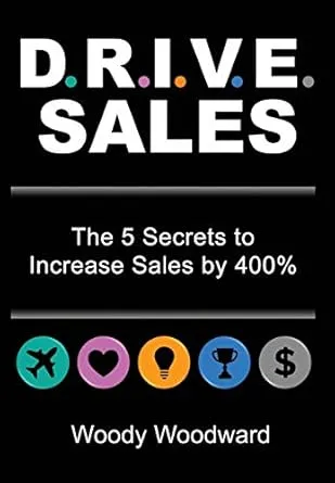 Cover of D.R.I.V.E. Sales by Woody Woodward, featuring the subtitle "The 5 Secrets to Increase Sales by 400%" with icons for travel, love, ideas, achievement, and money.