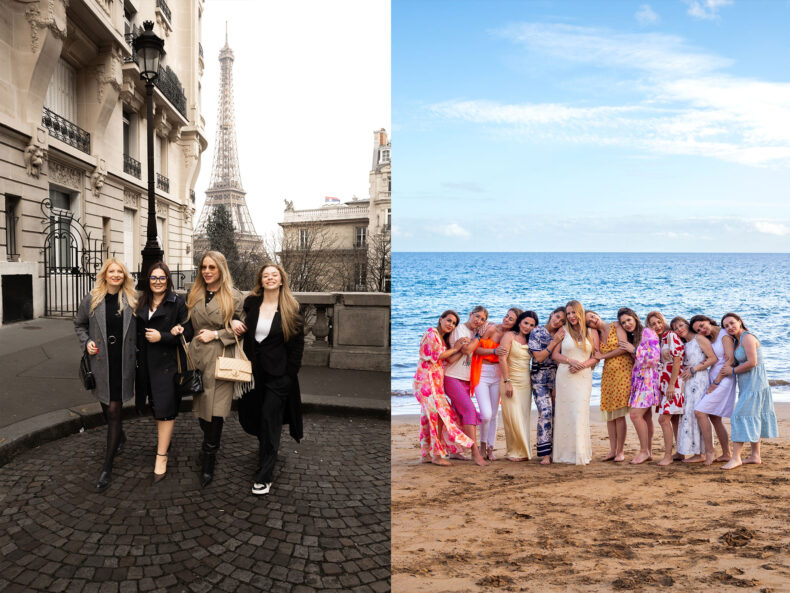 Collage showing Lorena Gabor with her team in Paris near the Eiffel Tower and at a beach leadership retreat