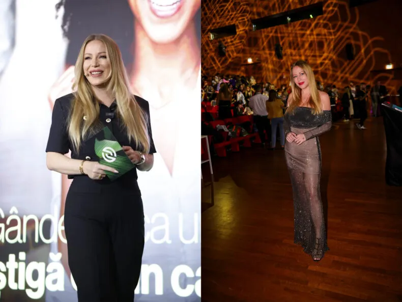 Collage showing Lorena Gabor speaking on stage and posing at an evening Partner.Co event