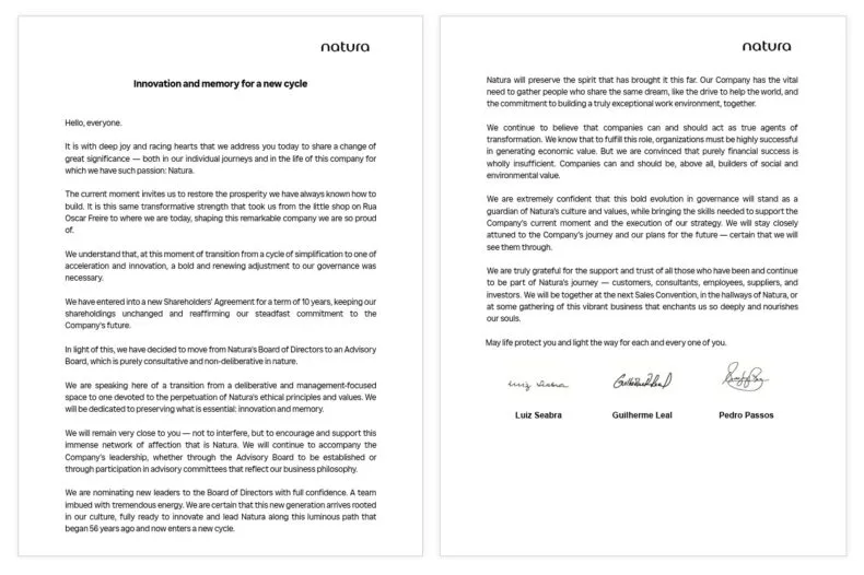 Natura founders letter corporate restructuring governance transition