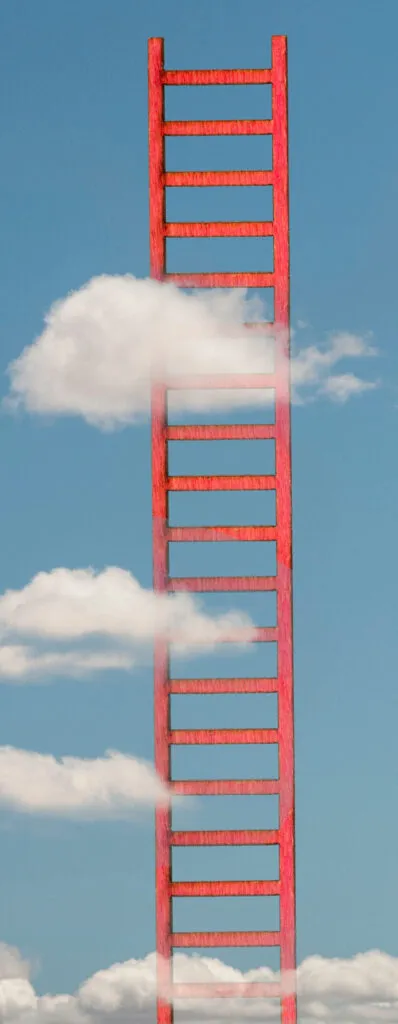 Red ladder reaching upward through clouds symbolizing growth through consistent standards