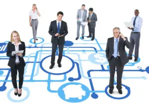 Networking professionals connected through a network diagram symbolizing systems and duplication