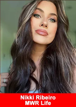 Nikki Ribeiro, MWR Life leader and seven-figure network marketing mentor, with long brunette hair and confident expression.