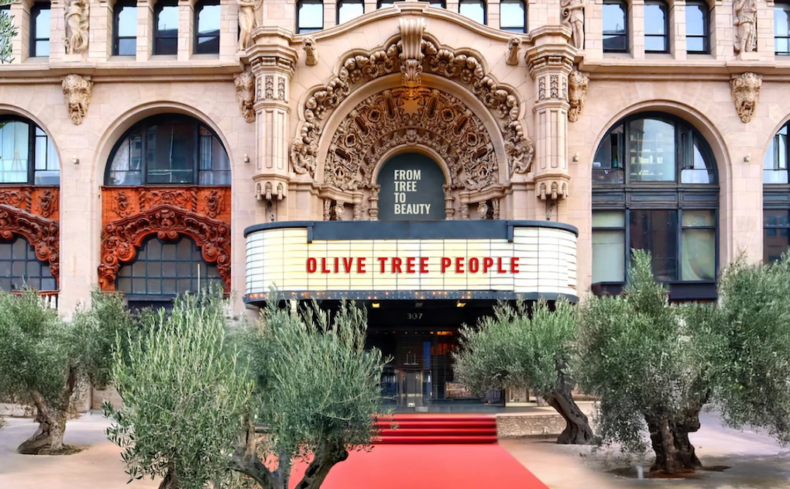 Olive Tree People red carpet event at the Million Dollar Theatre in Los Angeles celebrating waterless beauty and olive tree conservation.