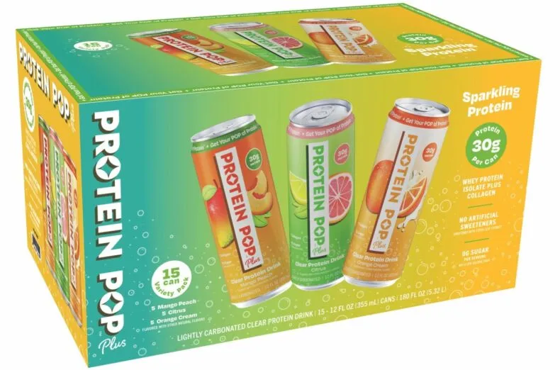 Protein Pop Plus 15-pack variety carton featuring 30g clear protein drinks in Citrus, Mango Peach and Orange Cream flavors