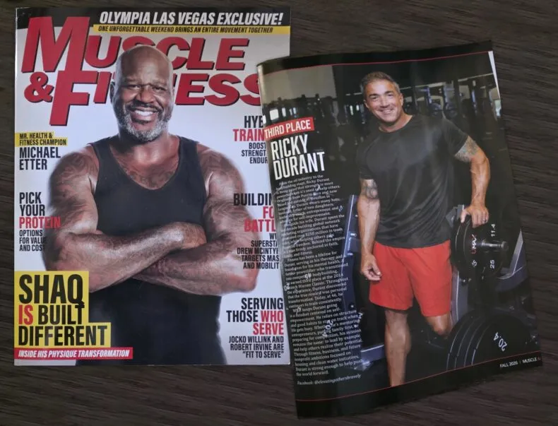 Muscle & Fitness Fall 2026 magazine featuring Ricky Durant's third-place Mr. Health & Fitness achievement