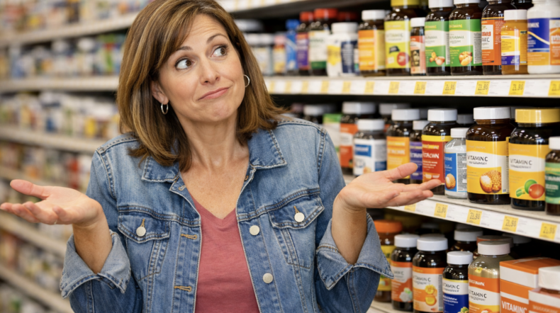 consumer choosing vitamins supplement aisle confusion