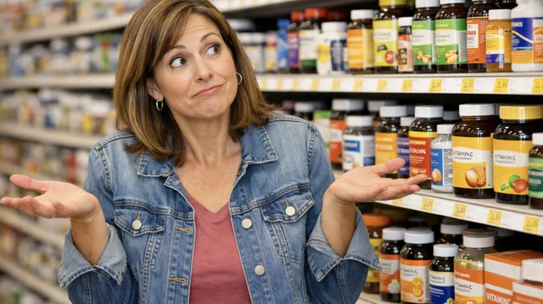 consumer choosing vitamins supplement aisle confusion