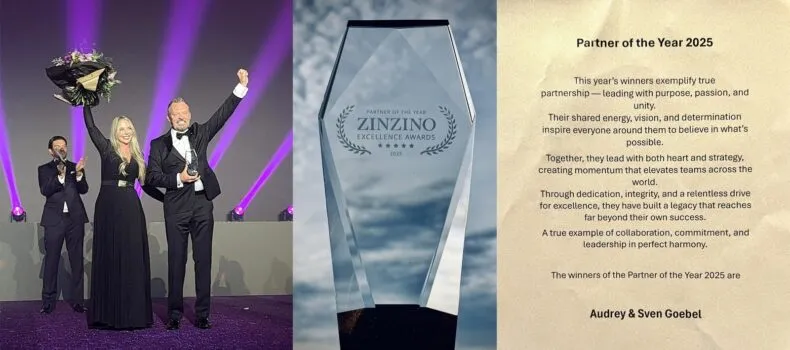 Sven and Audrey Goebel receive Zinzino’s Partner of the Year 2025 award on stage, alongside images of the official trophy and the award citation recognizing their leadership and global impact.