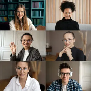 Grid of diverse professionals on video calls symbolizing team duplication and leadership