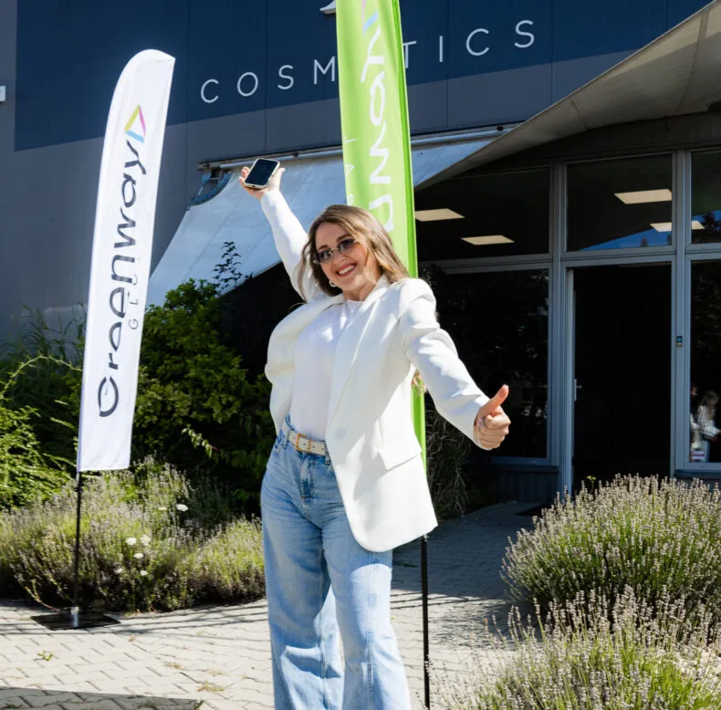Violetta Tkachenko from Germany smiling and presenting her custom fragrance during Greenway Global’s EnjoyCare perfume masterclass in Brno.
