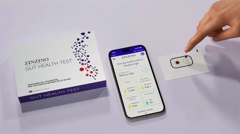 Zinzino Gut Health Test kit with smartphone results and at-home finger prick sample, showing personalized gut health index.
